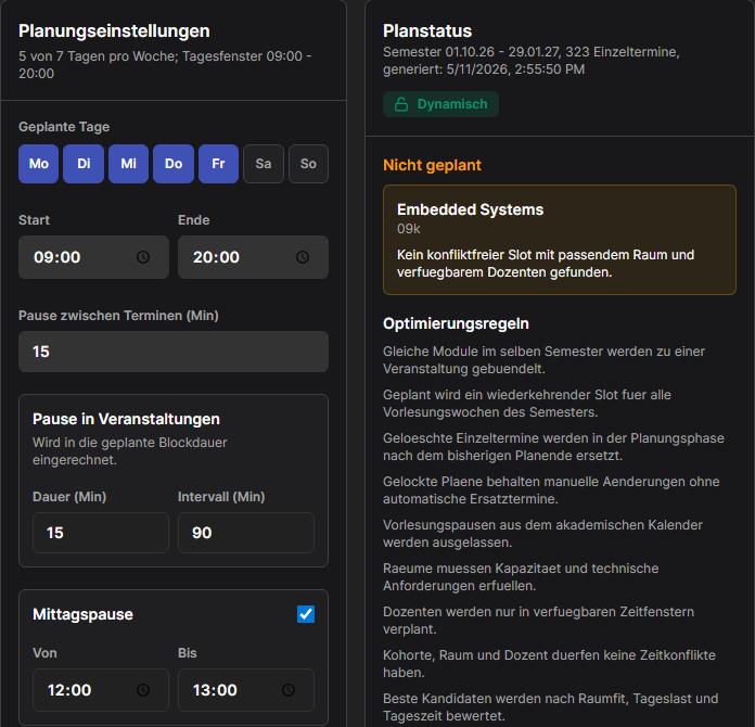 Planungseinstellungen mit Tagesfenster, Pausen und Planstatus