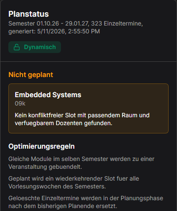 Planstatus mit nicht geplantem Modul und Konfliktgrund